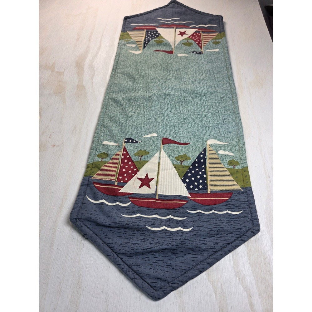 Nautical Sailboat Quilted Table Runner Americana Coastal Patriotic Decor 35x12.5